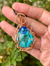 Load image into Gallery viewer, Malachite / Chrysocolla with turquoise gem inclusions wire wrapped pendant necklace
