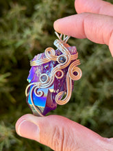 Load image into Gallery viewer, Purple aura quartz cluster with sapphire and raspberry jade gem accent wire wrapped pendant necklace
