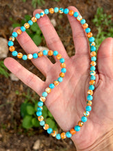 Load image into Gallery viewer, Teal Magnesite + orange glass accent bead beaded combo 18” stretchy necklace
