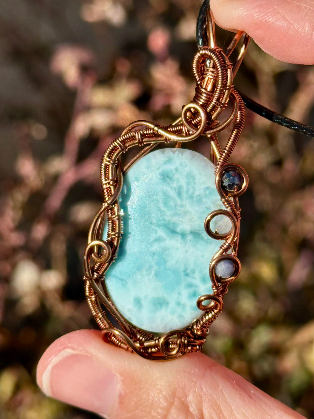 DESIGNER cab Larimar with sapphire + aquamarine inclusions Wire wrapped pendant