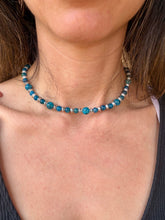 Load image into Gallery viewer, Blue apatite + blue (dyed) kiwi jasper 16” beaded stretchy necklace
