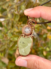 Load image into Gallery viewer, Prehnite with crackle quartz  gem accent wire wrapped pendant talisman necklace
