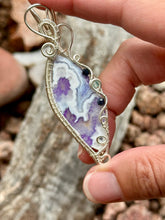 Load image into Gallery viewer, Artisan cab (positive rocks) purple aurora opal with plume agate doublet with onyx + blue kyanite gem accents wire wrapped pendant necklace
