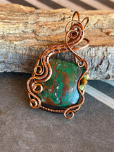 Load image into Gallery viewer, Artisan cab (johari gems)  green chrysocolla with peridot + tiger eye wire wrapped pendant necklace
