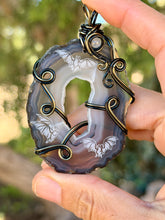 Load image into Gallery viewer, Artisan cab (Marina rabinskaya) window black agate with bats with labradorite gem accent wire wrapped pendant necklace
