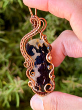 Load image into Gallery viewer, Artisan cab (positive rocks) dendritic agate with tiger eye + hematite  gem accents wire wrapped pendant necklace
