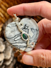 Load image into Gallery viewer, Black and white (dyed) crazy lace agate heart with smoked Ethiopian opal gem accent wire wrapped pendant necklace
