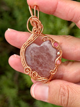 Load image into Gallery viewer, Strawberry quartz heart with pink jade + hematite gem accents wire wrapped pendant necklace
