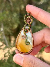 Load image into Gallery viewer, Artisan cab (positive rock) polychrome desert jasper with  green fluorite gem accents wire wrapped pendant necklace
