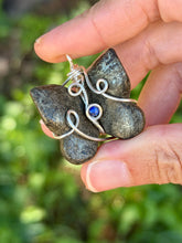 Load image into Gallery viewer, Pyrite butterfly with lapis lazuli gem accent wire wrapped pendant necklace

