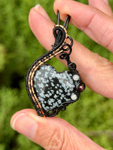Load image into Gallery viewer, Snowflake obsidian with moonstone + garnet gem accents wire wrapped pendant necklace
