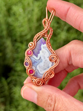 Load image into Gallery viewer, Artisan cab (positive rock) purple aurora opal/plume agate doublet with pink jade + amethyst + copper gem accents wire wrapped pendant necklace
