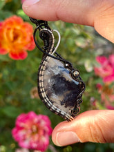 Load image into Gallery viewer, Artisan cab (adit stones) smoky plume agate with pyrite + onyx gem accents wire wrapped pendant necklace
