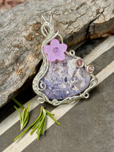 Load image into Gallery viewer, Purple morado opal with amethyst + strawberry quartz gem accents wire wrapped pendant necklace
