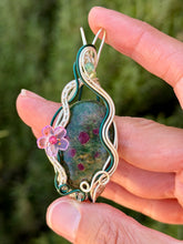 Load image into Gallery viewer, Ruby in fuchsite with raspberry jade + moss agate + peridot gem accents wire wrapped pendant necklace
