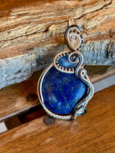 Load image into Gallery viewer, Lapis lazuli with blue kyanite gem accent wire wrapped pendant necklace
