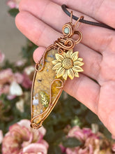 Load image into Gallery viewer, Reserved for Tanya r ARTISAN CAB (CAB BY POSITIVE ROCKS) Yellow Ocean Jasper with green aventurine inclusions sunflower charm Wire wrapped pendant
