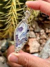 Load image into Gallery viewer, Artisan cab (positive rocks) purple aurora opal with plume agate doublet with onyx + blue kyanite gem accents wire wrapped pendant necklace
