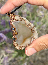 Load image into Gallery viewer, Agate with sapphire + tigers eye gem accents wire wrapped pendant necklace

