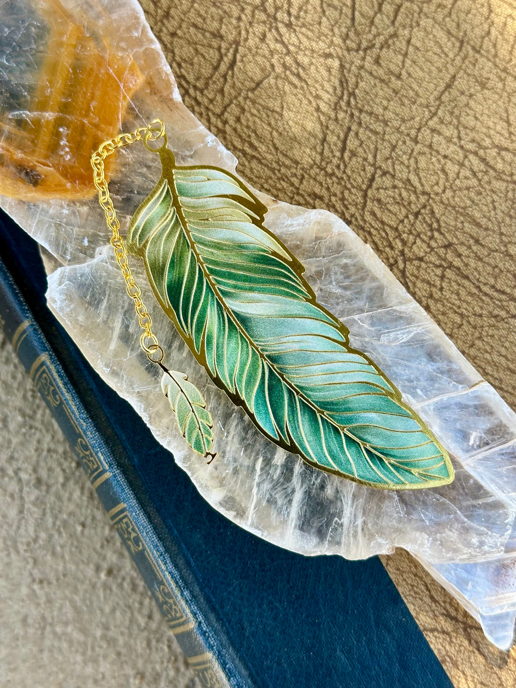Reserved for Kathy m Green feather Thin metal bookmark