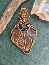 Load image into Gallery viewer, Reserved for Susanna m DESIGNER CAB Carved Tiger’s Iron (hematite + tigers eye + red jasper mix) with Ruby Inclusion Wire wrapped pendant
