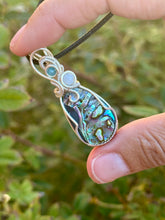 Load image into Gallery viewer, Abalone with aquamarine + blue apatite gem accents wire wrapped pendant necklace
