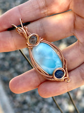 Load image into Gallery viewer, Larimar with blue kyanite + super 7 inclusions wire wrapped pendant necklace talisman
