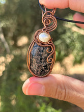 Load image into Gallery viewer, Flower obsidian with pearl gem accents wire wrapped pendant necklace
