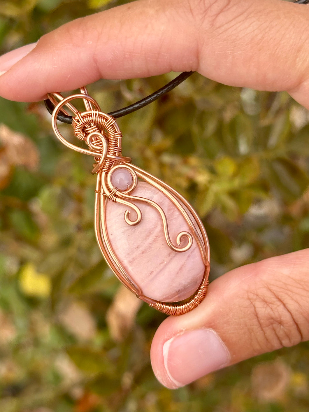 Pink Mookaite with rose quartz  gem accent wire wrapped pendant talisman necklace
