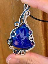 Load image into Gallery viewer, DUO TONED WIRE + DESIGNER CAB (etched by Marina Rabinskaya) Lapis lazuli with amethyst + aquamarine inclusions Wire wrapped pendant
