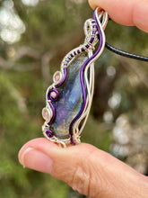 Load image into Gallery viewer, Reserved for Cassandra h DUO TONED WIRE Spectrolite Labradorite with strawberry quartz + phosphosiderite inclusions  wire wrapped pendant
