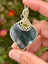 Load image into Gallery viewer, Moss agate with faceted peridot gem accent wire wrapped pendant necklace
