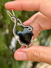 Load image into Gallery viewer, Black onyx heart with moonstone gem accent wire wrapped pendant necklace
