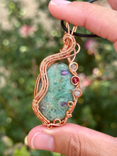 Load image into Gallery viewer, Ruby in fuchsite with moss agate + raspberry jade gem accents wire wrapped pendant necklace

