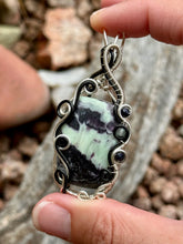 Load image into Gallery viewer, Artisan cab (johari gems) kammererite with blue goldstone + labradorite gem accents wire wrapped pendant necklace
