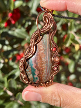 Load image into Gallery viewer, ARTISAN STONE (sunset lapidary) Idaho Sunset Seam Agate with Mookaite + carnelian gem accents wire wrapped pendant necklace
