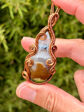 Load image into Gallery viewer, Red Indonesian moss agate with raspberry jade gem accent wire wrapped pendant

