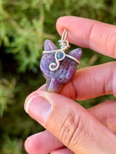 Load image into Gallery viewer, Amethyst mini wolf head with dumortierite gem accent wire wrapped pendant necklace

