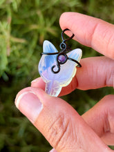 Load image into Gallery viewer, Opalite mini wolf head with amethyst gem accent wire wrapped pendant necklace
