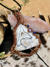 Load image into Gallery viewer, Reserved for Ann C White Tube Agate (cab by positive rocks) with sodalite + lepidolite inclusions wire wrapped talisman pendant necklace
