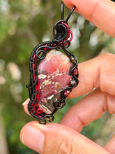 Load image into Gallery viewer, Artisan cab (johari gems) lava vein crazy lace agate with garnet + obsidian gem accents wire wrapped pendant necklace
