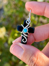 Load image into Gallery viewer, Obsidian cross with turquoise gem accent wire wrapped pendant necklace
