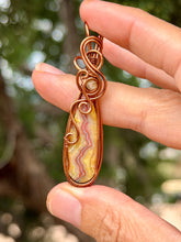 Load image into Gallery viewer, Artisan cab (casdans) yellow crazy lace agate with citrine gem accent wire wrapped pendant necklace
