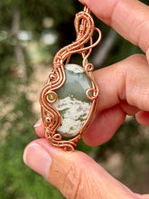Load image into Gallery viewer, Peace jade with copper coated hematite + peridot gem accents wire wrapped pendant necklace
