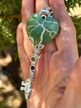 Load image into Gallery viewer, Green aventurine heart with ruby in zoisite inclusions skeleton key wire wrapped pendant talisman necklace
