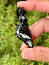 Load image into Gallery viewer, Buffalo turquoise with labradorite gem accent wire wrapped pendant necklace
