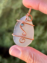 Load image into Gallery viewer, White agate slice with blue apatite gem accent wire wrapped pendant necklace
