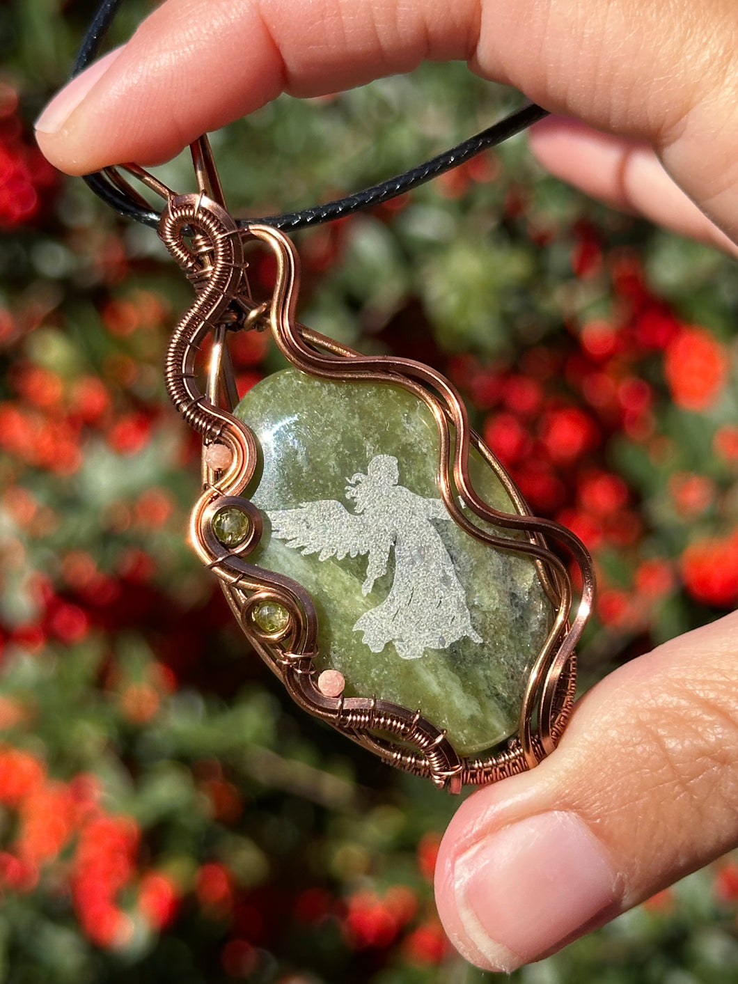 ARTISAN STONE (Marina Rabinskaya) Green Vesuvianite with rhodochrosite + peridot gem accents wire wrapped pendant necklace