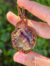Load image into Gallery viewer, Rainbow fluorite with blue kyanite + amethyst gem accents wire wrapped pendant necklace

