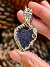 Load image into Gallery viewer, Artisan cab (Casdans) Blue goldstone with amethyst + Opalite gem accents wire wrapped pendant necklace
